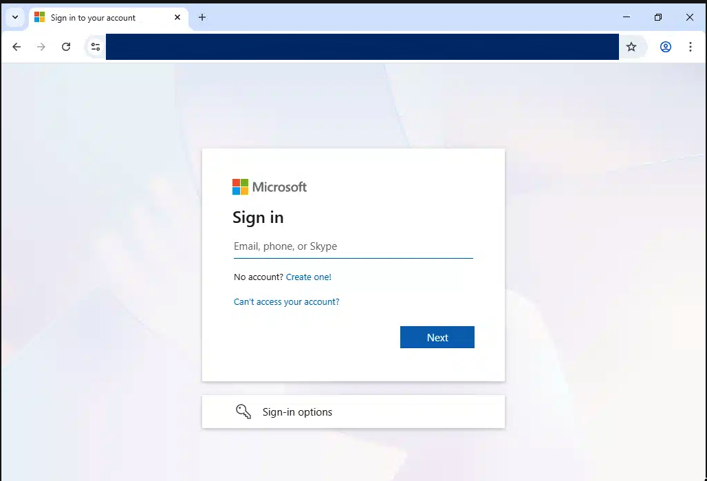 Browser screenshot showing a Microsoft sign-in lookalike with the address hidden