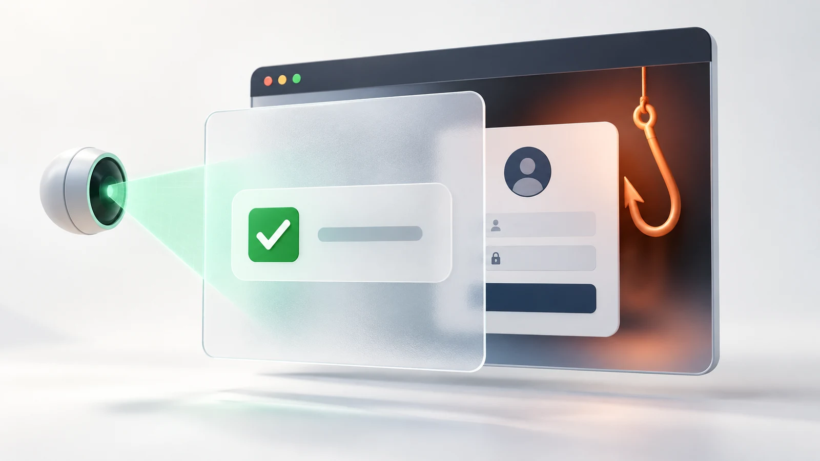 A verification gate blocking a scanner from seeing a hidden sign-in page and phishing hook